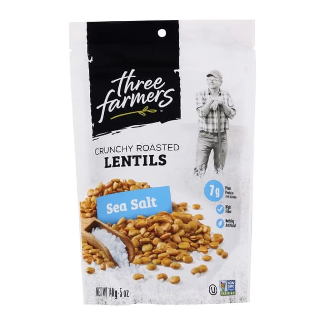 Three Farmers Crunchy Roasted Lentils Sea Salt, front of pack