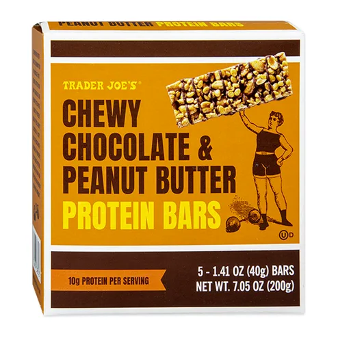 Trader Joe's Chewy Chocolate & Peanut Butter Protein Bars, front of pack