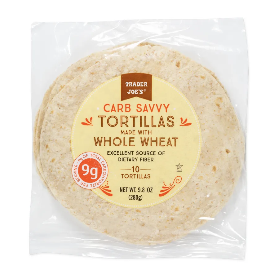 Trader Joe's Carb Savvy Tortillas made with Whole Wheat, front of pack