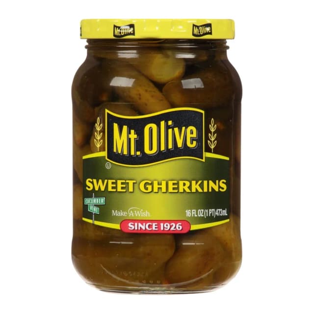 Mt. Olive Sweet Gherkins, front of pack