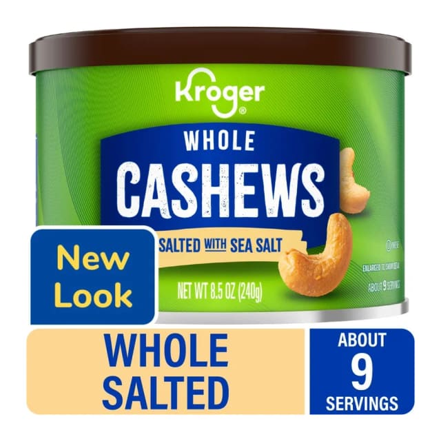 Kroger Whole salted cashews, front of pack