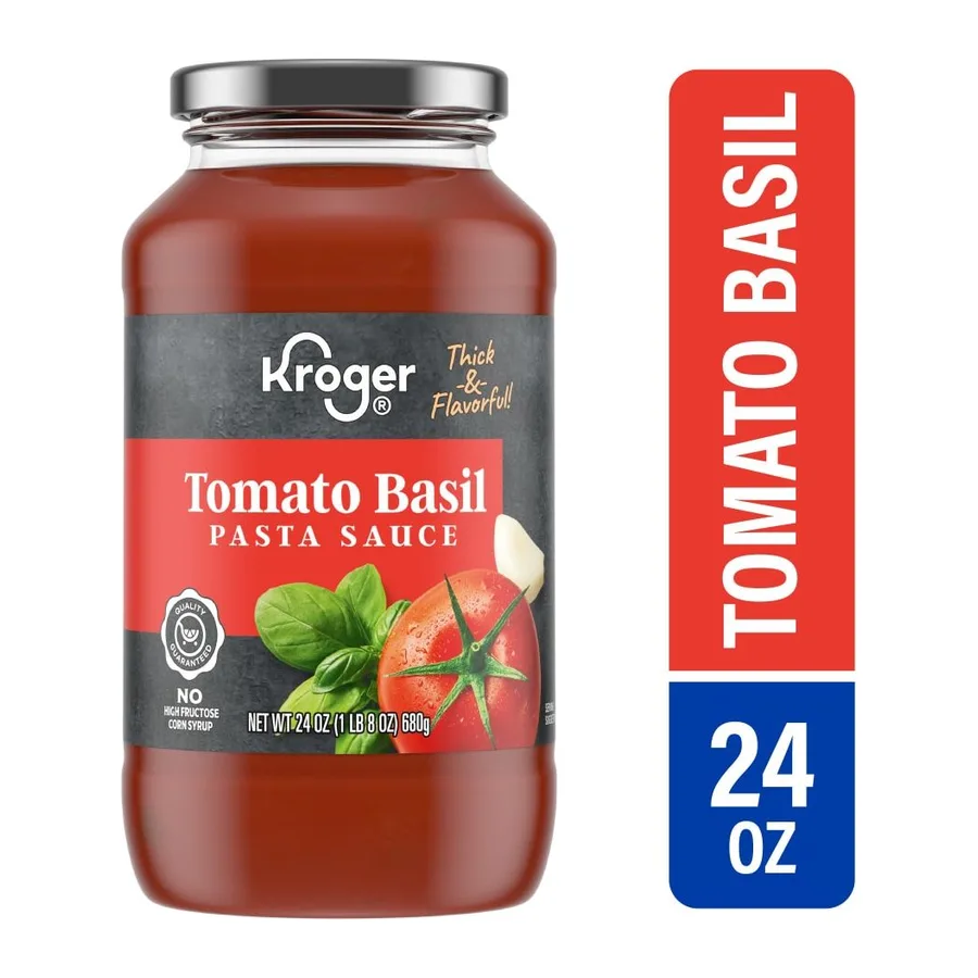 Kroger Tomato + basil pasta sauce, front of pack
