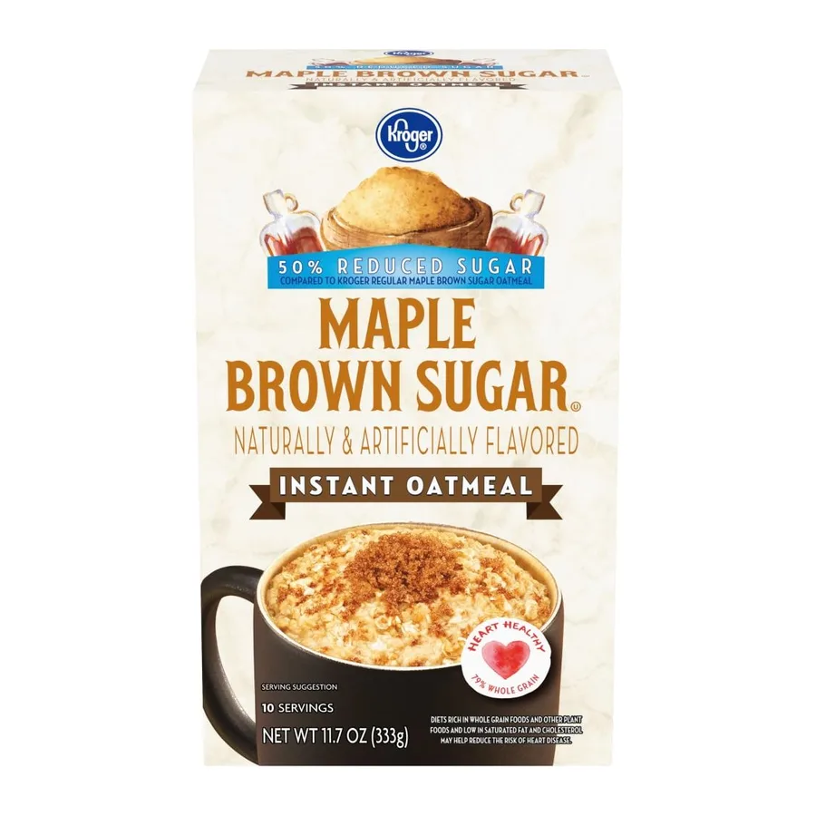 Kroger Reduced sugar maple brown sugar instant oatmeal packets, front of pack