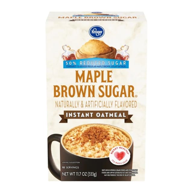 Kroger Reduced sugar maple brown sugar instant oatmeal packets, front of pack