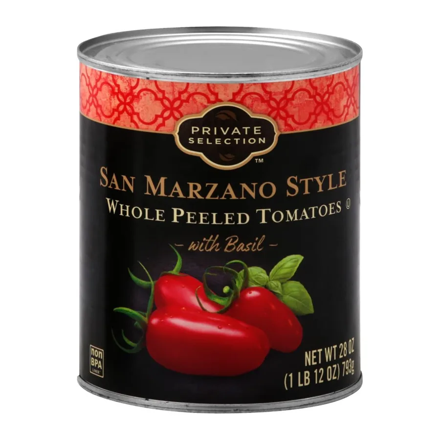 Private Selection San Marzano Style Whole Peeled Tomatoes with Basil, front of pack