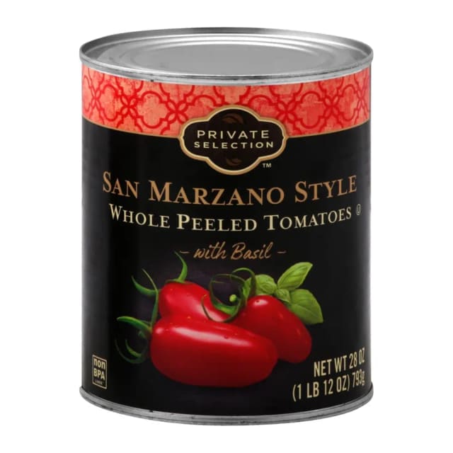 Private Selection San Marzano Style Whole Peeled Tomatoes with Basil, front of pack
