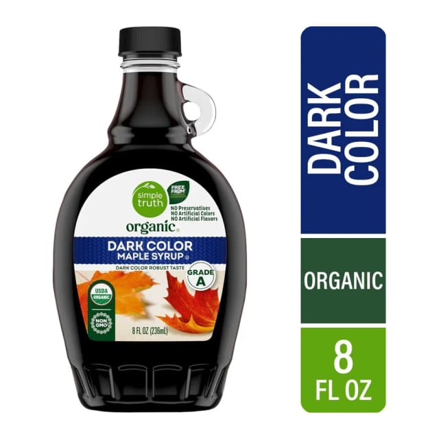 Kroger Grade a dark color robust taste maple syrup, front of pack