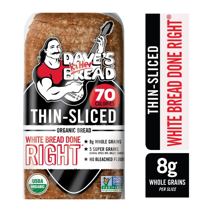 Dave's Killer Bread Organic White Bread Done Right Thin-Sliced, front of pack
