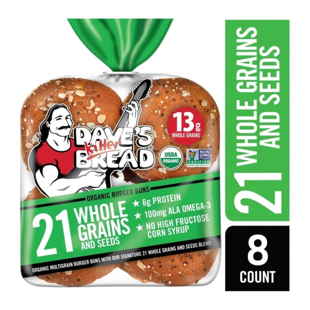 Dave's Killer Bread Organic 21 Whole Grains and Seeds Burger Buns, front of pack