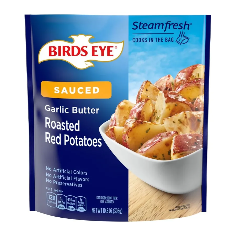 Birds Eye Lightly sauced roasted red potatoes with garlic butter sauce, front of pack