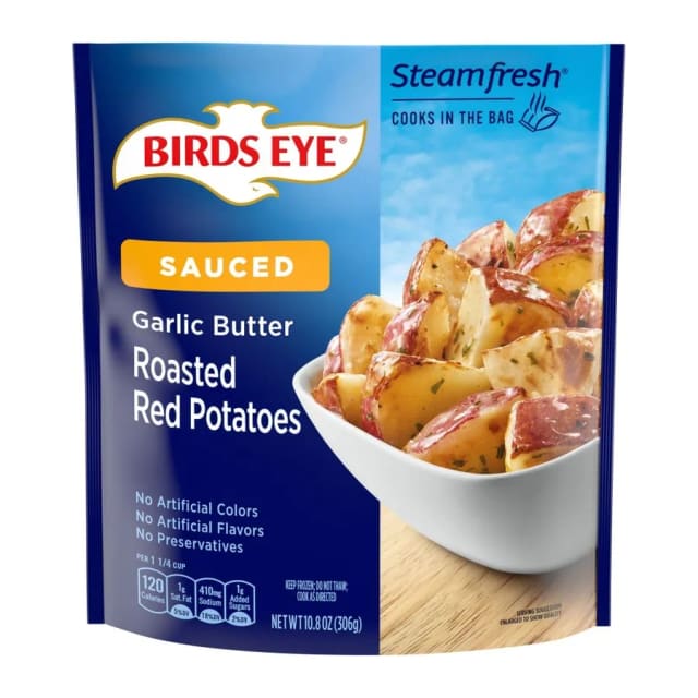 Birds Eye Lightly sauced roasted red potatoes with garlic butter sauce, front of pack