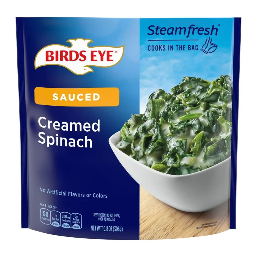 Birds Eye Lightly sauced creamed spinach, front of pack