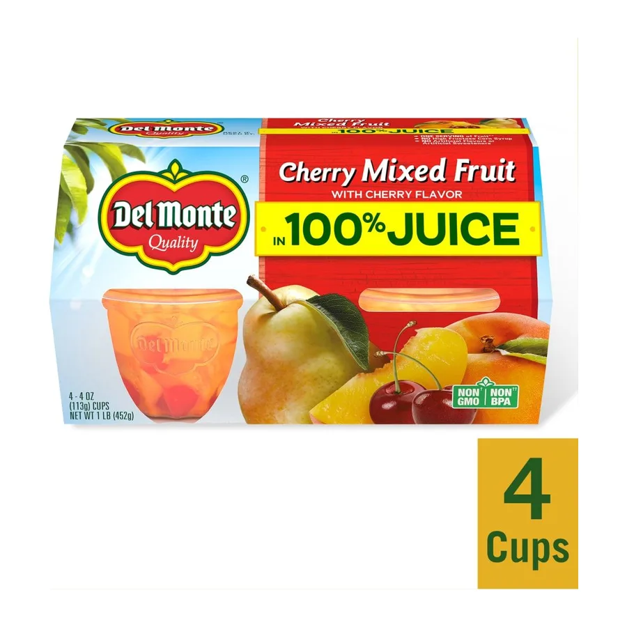Del Monte Cherry Mixed Fruit with Cherry Flavor in 100% Juice, front of pack