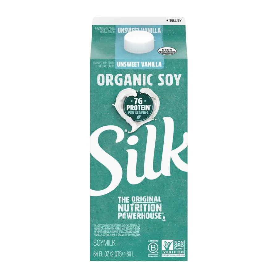 Silk Unsweet Vanilla Organic Soy Milk, front of pack
