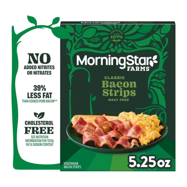 Morningstar Farms Veggie breakfast bacon frozen strips, front of pack