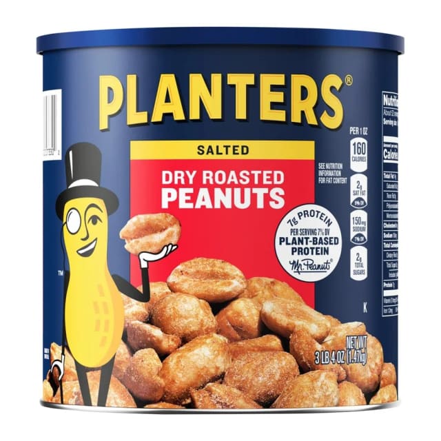 Planters Dry roasted peanuts made with sea salt ounce container, front of pack