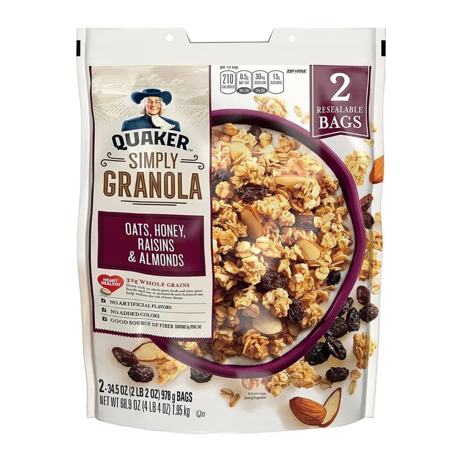 Quaker Oats, honey, raisins & almonds simply granola, front of pack