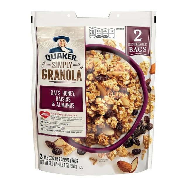 Quaker Oats, honey, raisins & almonds simply granola, front of pack