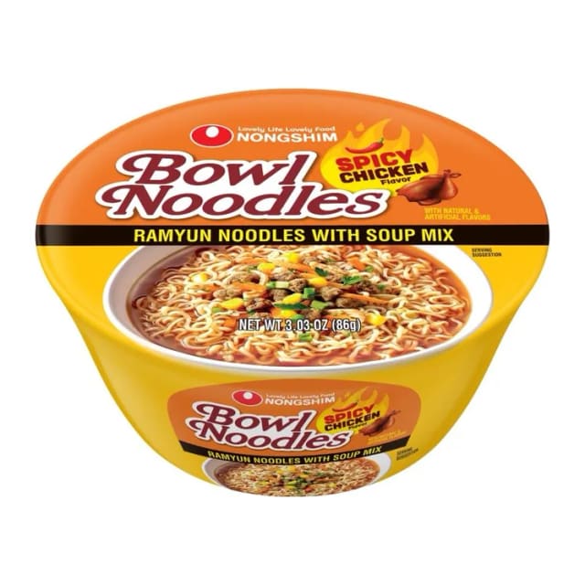 Nongshim Bowl Noodle Soup, Spicy Chicken flavor, front of pack