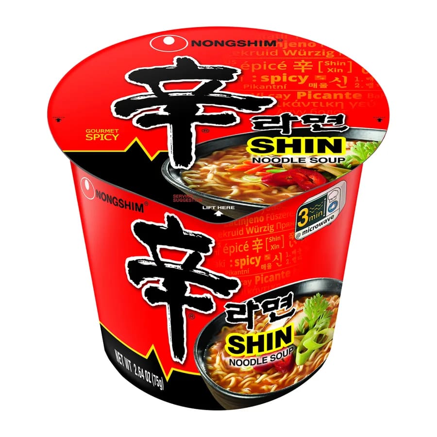 Nongshim Noodle soup shin cup, front of pack