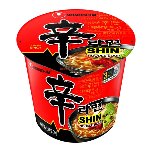 Nongshim Noodle soup shin cup, front of pack