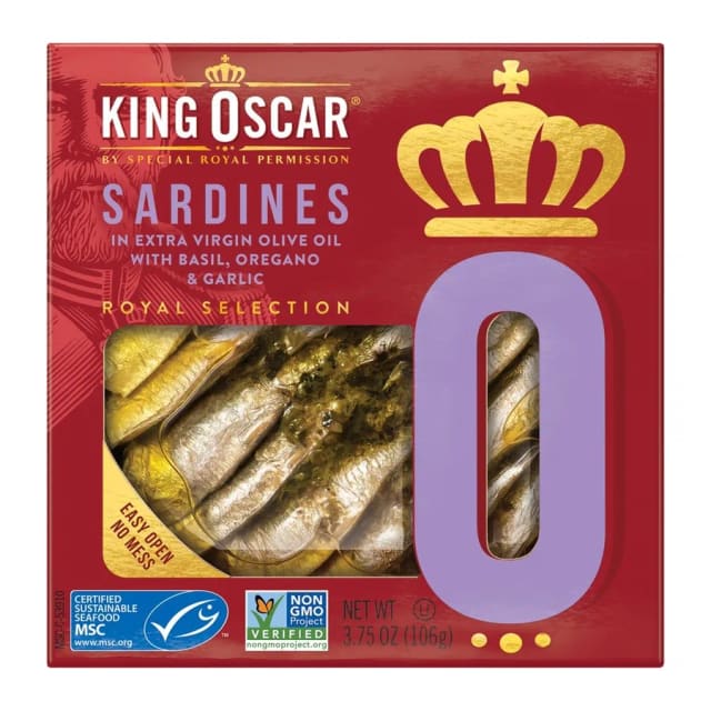 King Oscar Sardines in Extra Virgin Olive Oil with Basil, Oregano & Garlic, front of pack