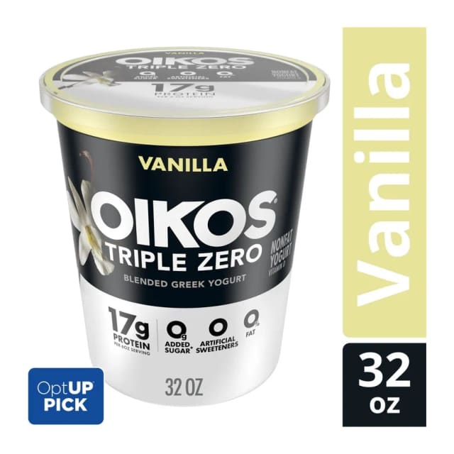 Oikos Triple Zero Vanilla Greek Yogurt, front of pack
