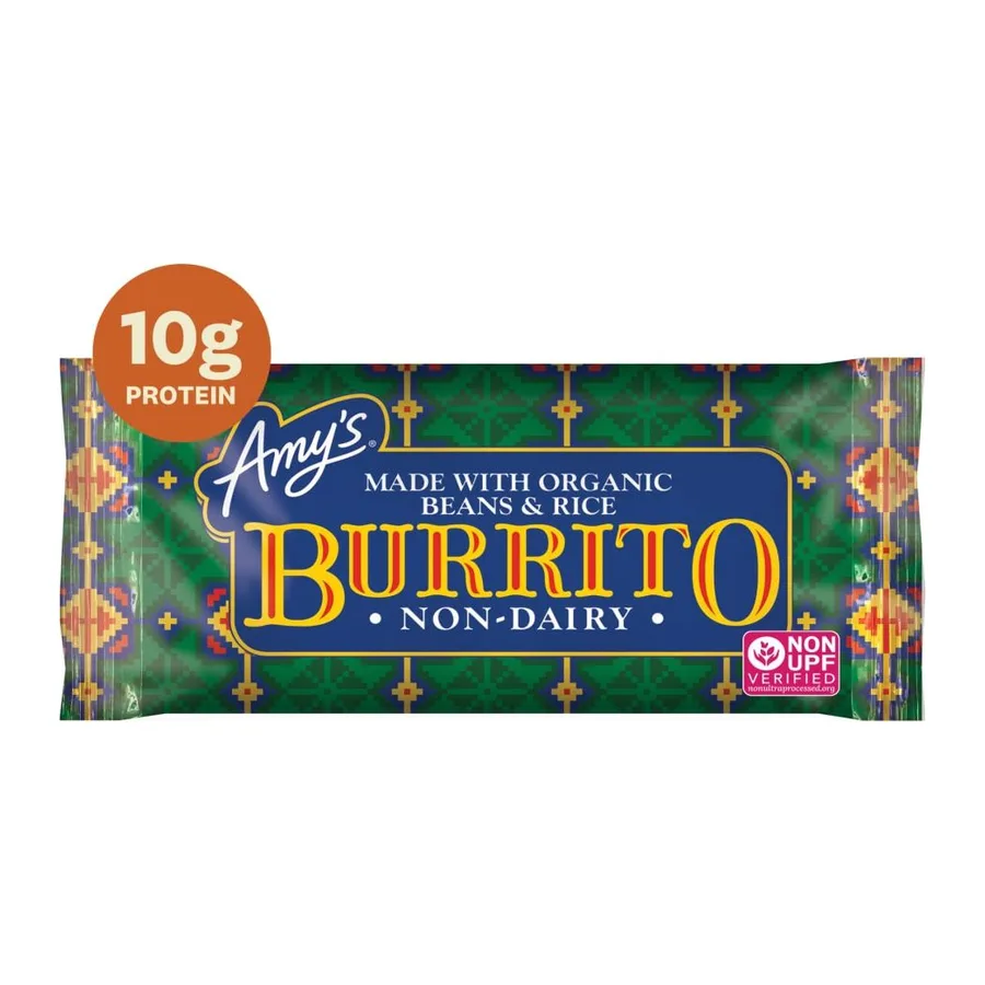 Amy's Non-Dairy organic bean and rice frozen burrito, front of pack