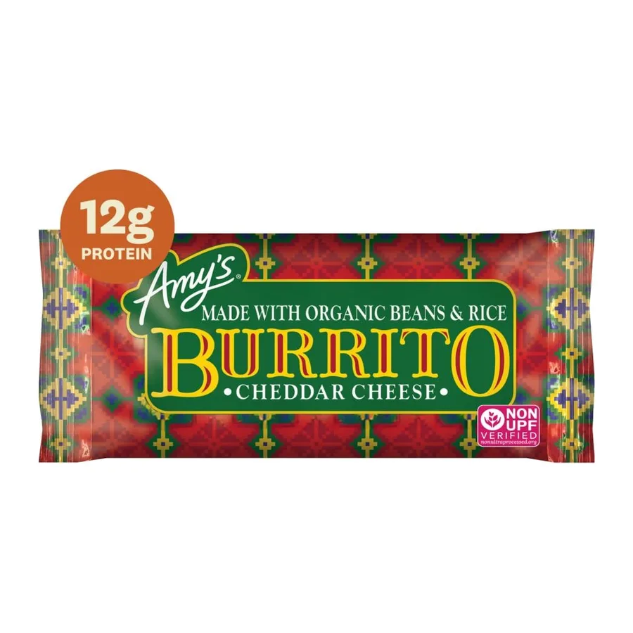 Amy's Cheddar and bean burrito, front of pack