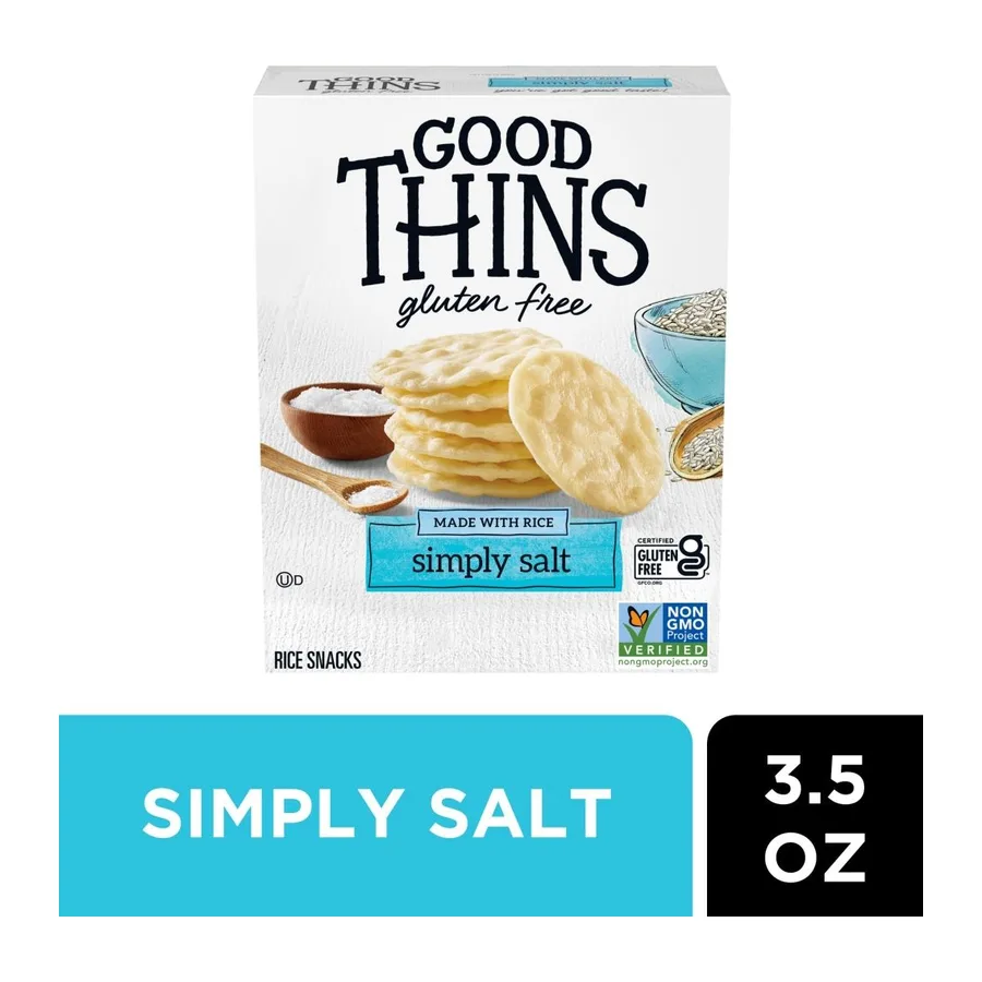 Good Thins Simply salt rice crackers, front of pack