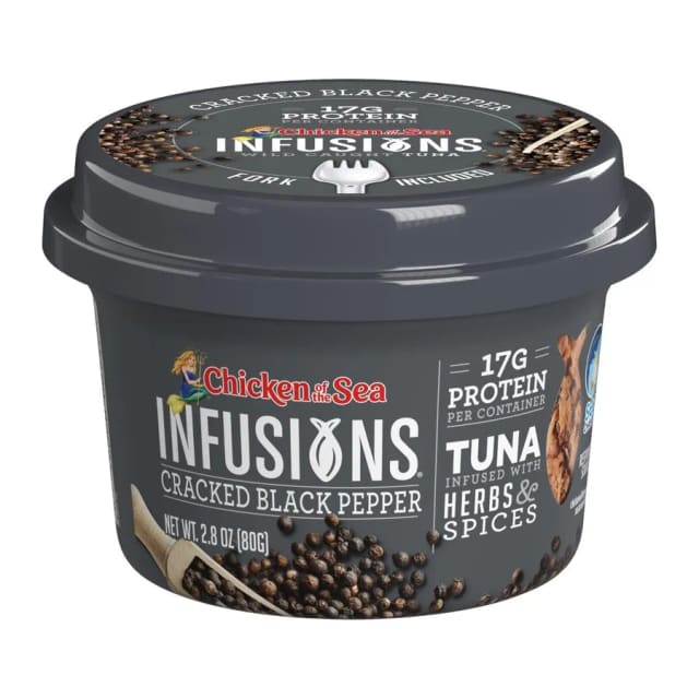Chicken of the Sea Infusions cracked black pepper tuna infused with evoo, front of pack
