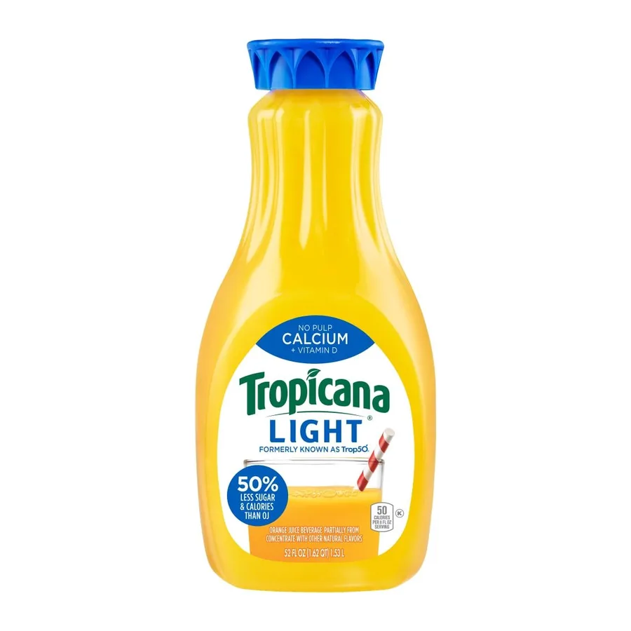 Tropicana Trop orange juice no pulp with calcium and vitamin d, front of pack