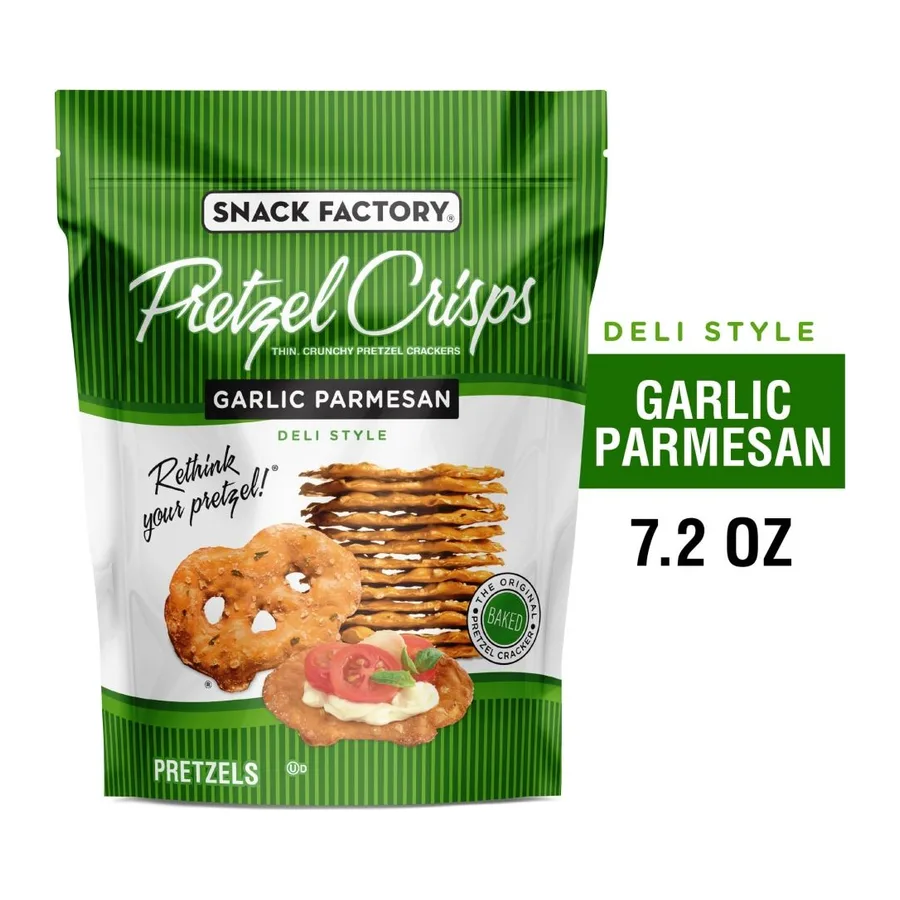 Snack Factory Pretzel Crisp Garlic, front of pack