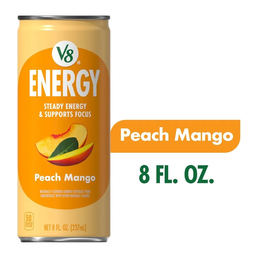 V8 Peach Mango V8 Energy, front of pack