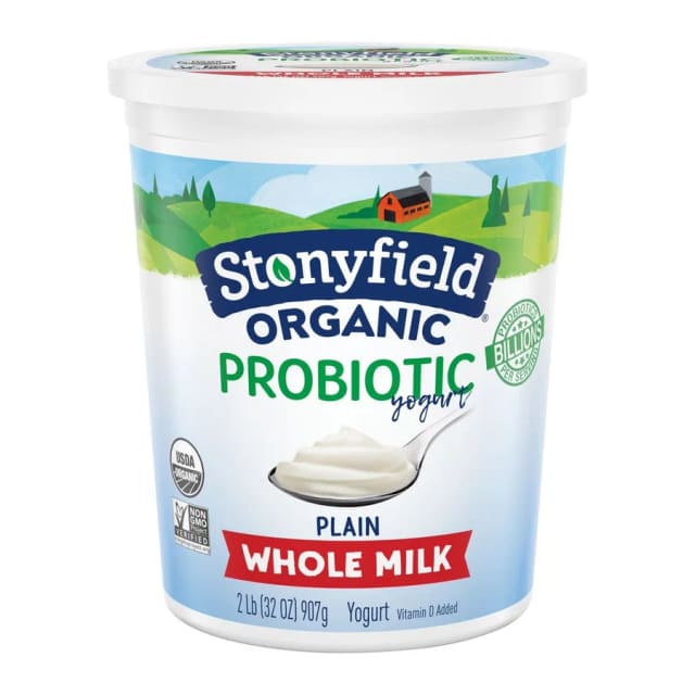 Stonyfield Organic Plain Whole Milk Yogurt w/probiotics, front of pack