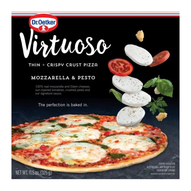 Dr. Oetker Virtuoso Thin + Crispy Crust Pizza Mozzarella & Pesto, front of pack