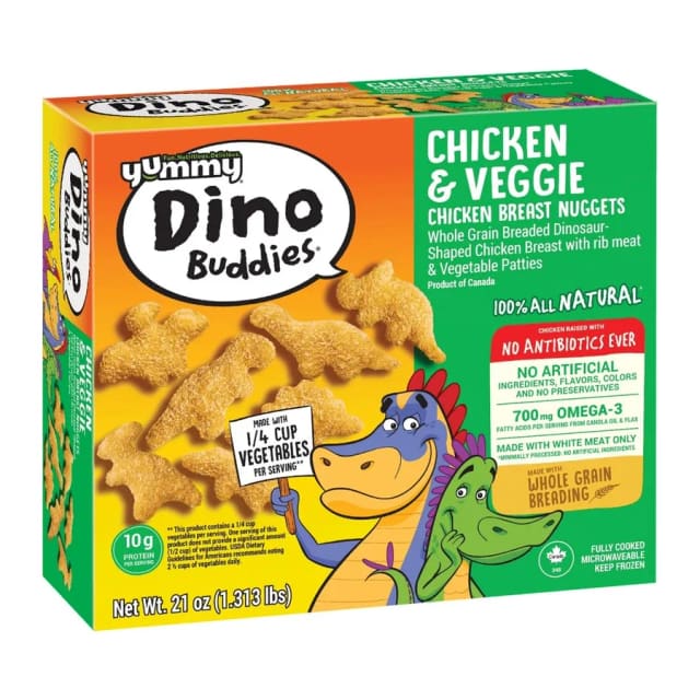 Yummy Chicken and veggie chicken breast nuggets, front of pack