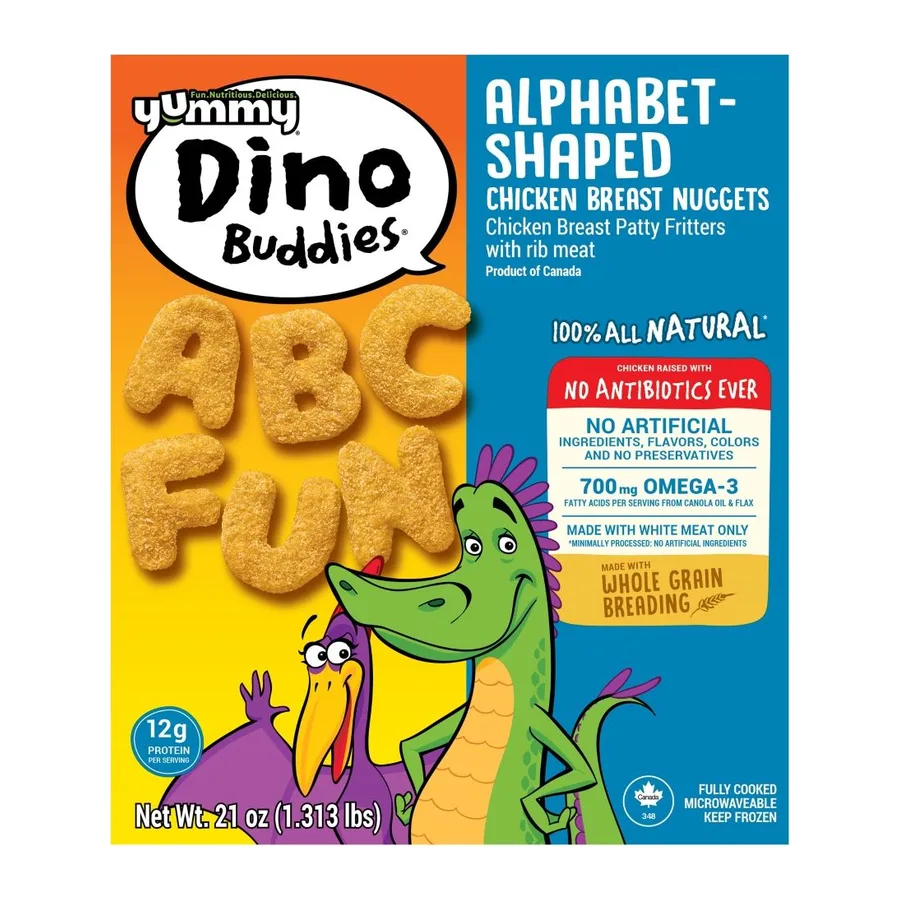 Yummy Dino Buddies Alphabet - shaped chicken breast nuggets, front of pack