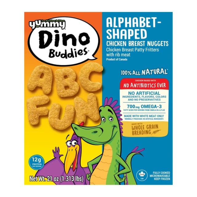 Yummy Dino Buddies Alphabet - shaped chicken breast nuggets, front of pack