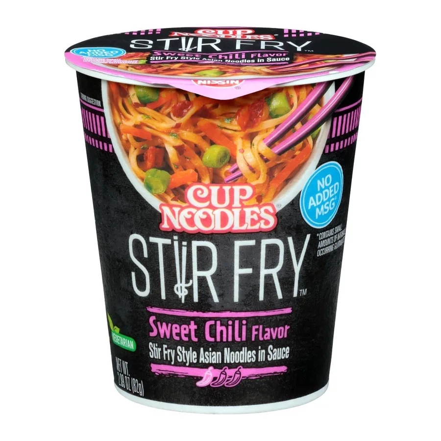 Nissin Cup noodles sweet chili flavor stir fry style, front of pack