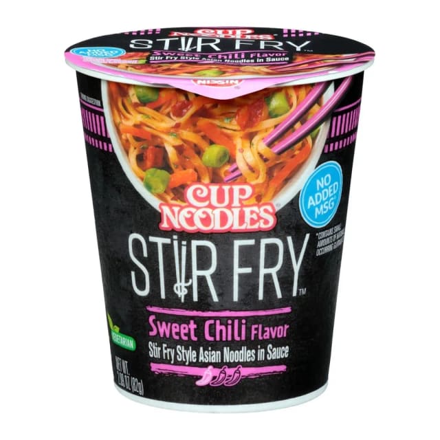 Nissin Cup noodles sweet chili flavor stir fry style, front of pack