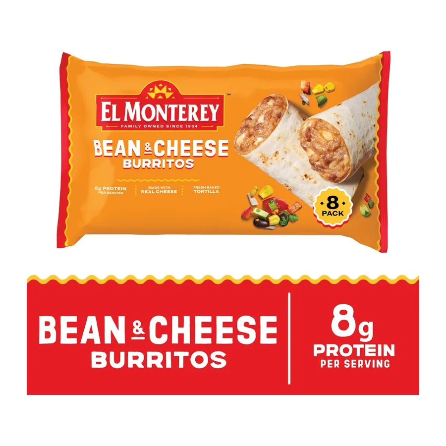 El Monterey Family bean & cheese frozen burritos, front of pack