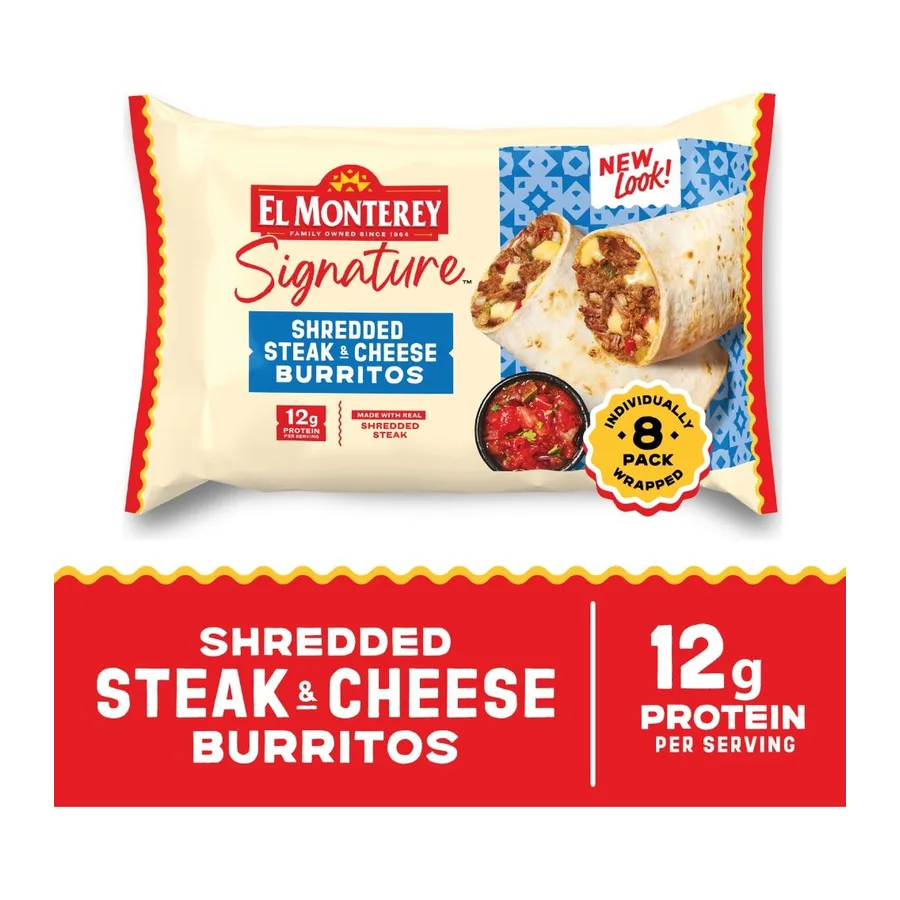 El Monterey Shredded Steak, Cheese & Rice Burritos, front of pack