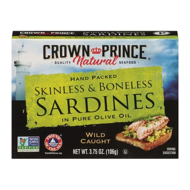 Crown Prince Skinless & Boneless Sardines In Pure Olive Oil, front of pack