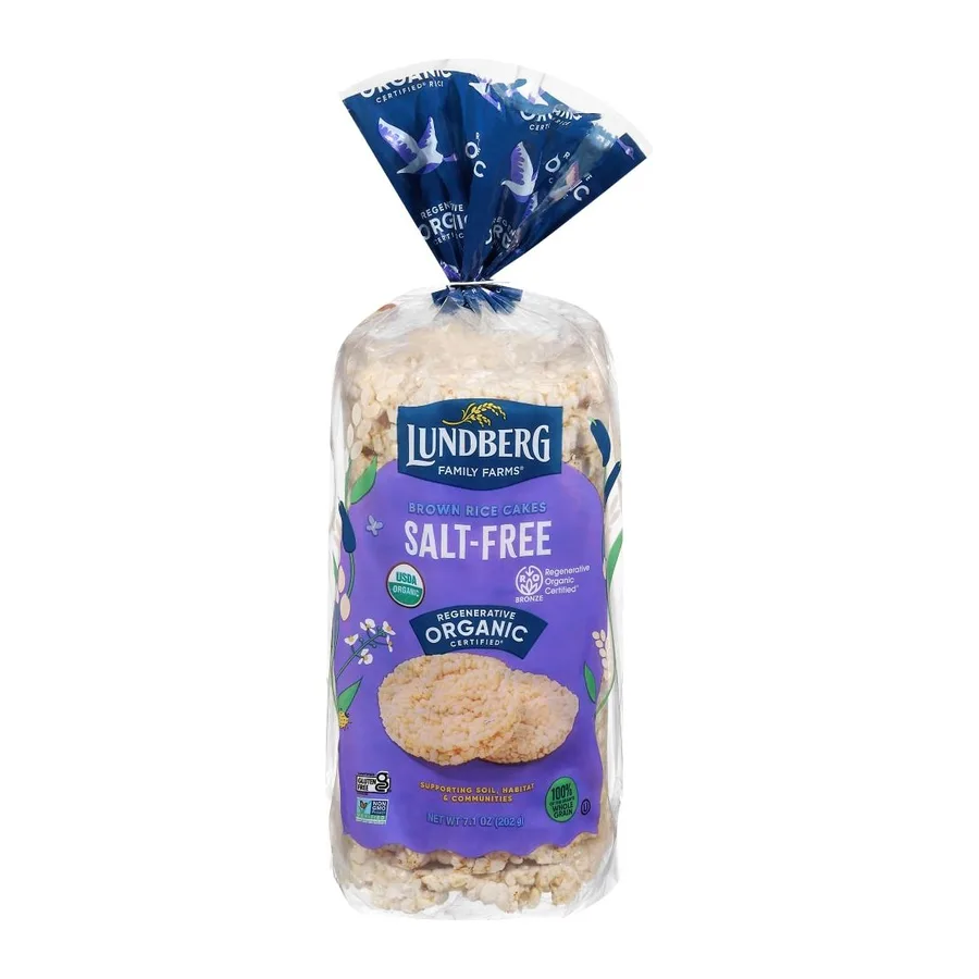 Lundberg Family Farms Organic Brown Rice Cakes, Salt Free, front of pack