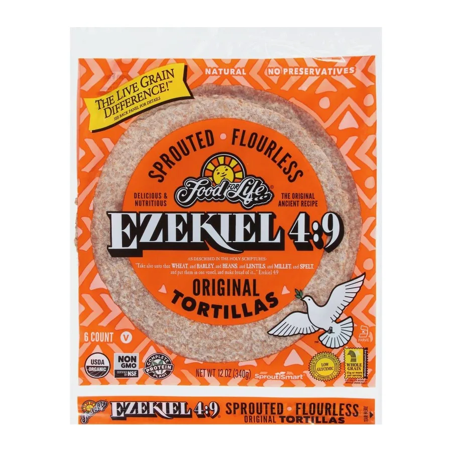 Food for Life Ezekiel sprouted grain tortillas, front of pack