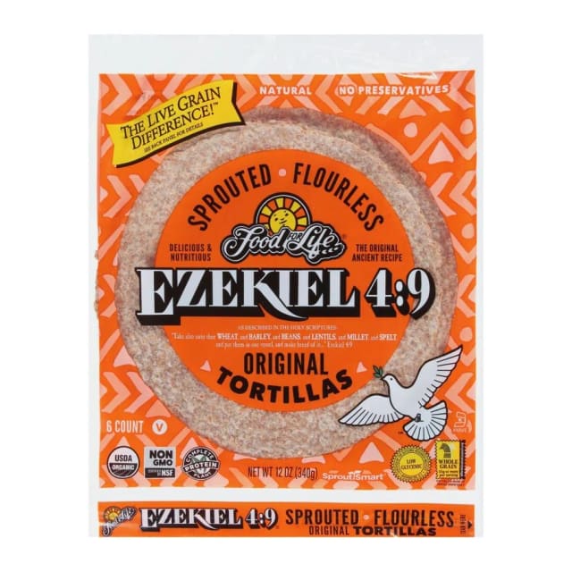 Food for Life Ezekiel sprouted grain tortillas, front of pack