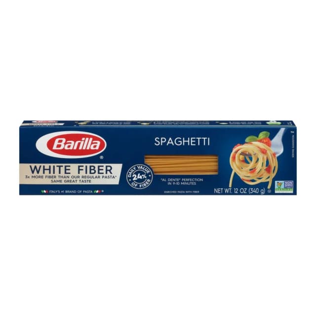 Barilla Enriched pasta with white fiber, spaghetti, front of pack