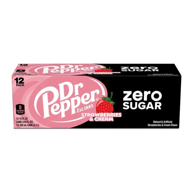 Dr Pepper Strawberries & Cream Zero Sugar, front of pack