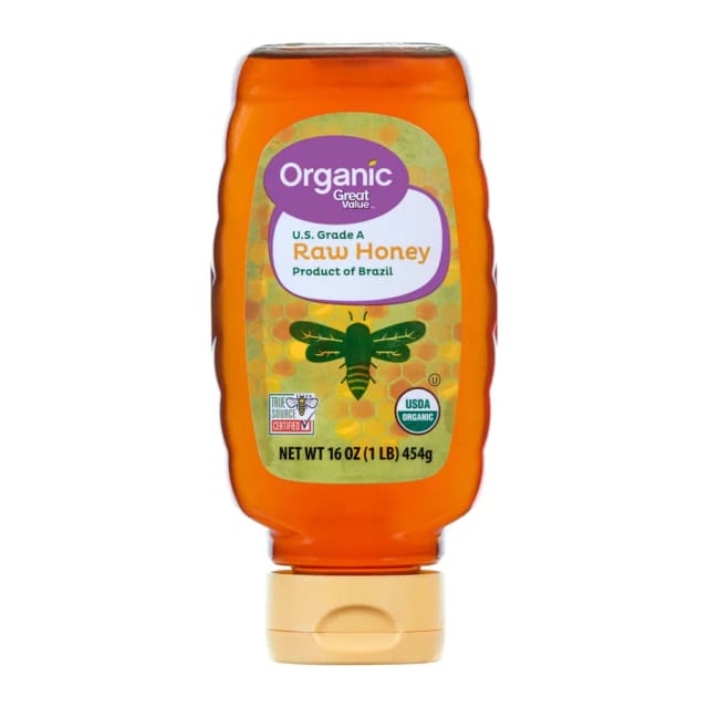 Great Value Organic strained raw honey, front of pack